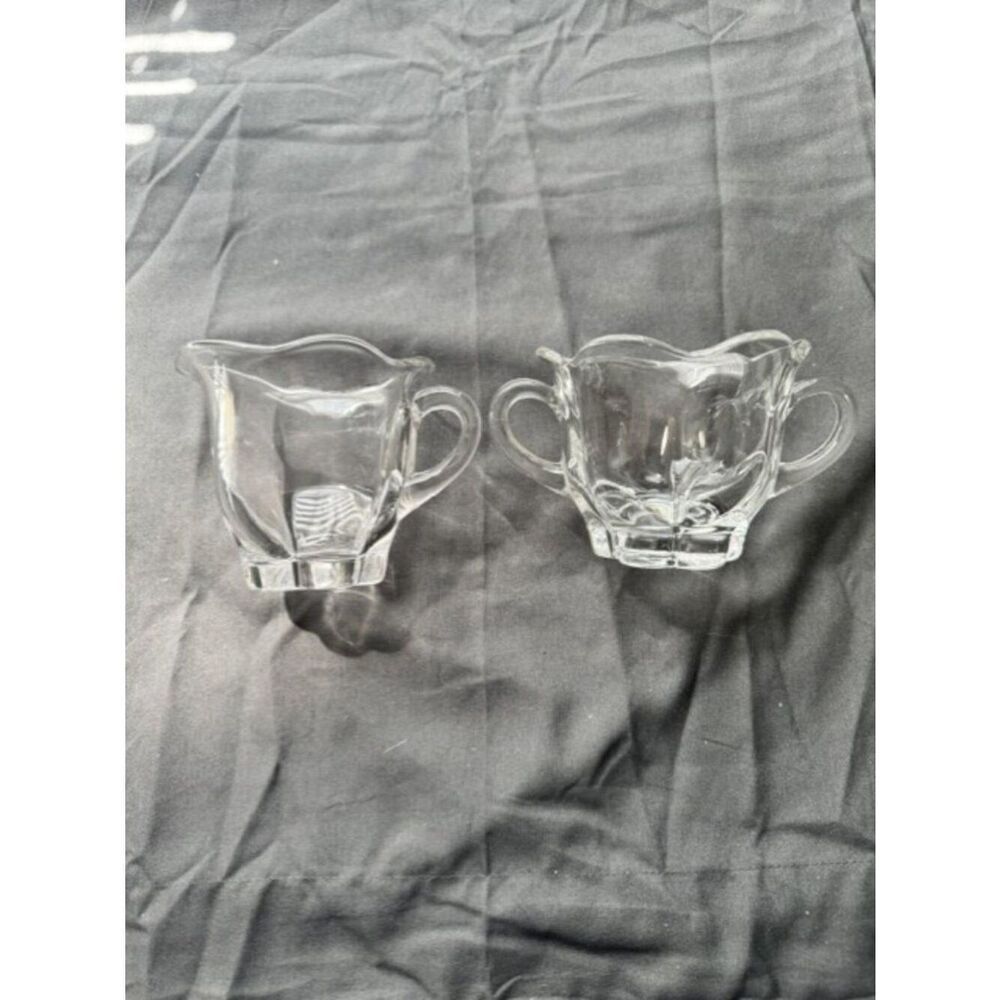 Vintage Duncan & Miller Clear Glass Open Sugar Bowl w Creamer Set